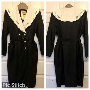 Lisa’ Original Vintage 80’s Black Dress with Oversized White Collar , size L